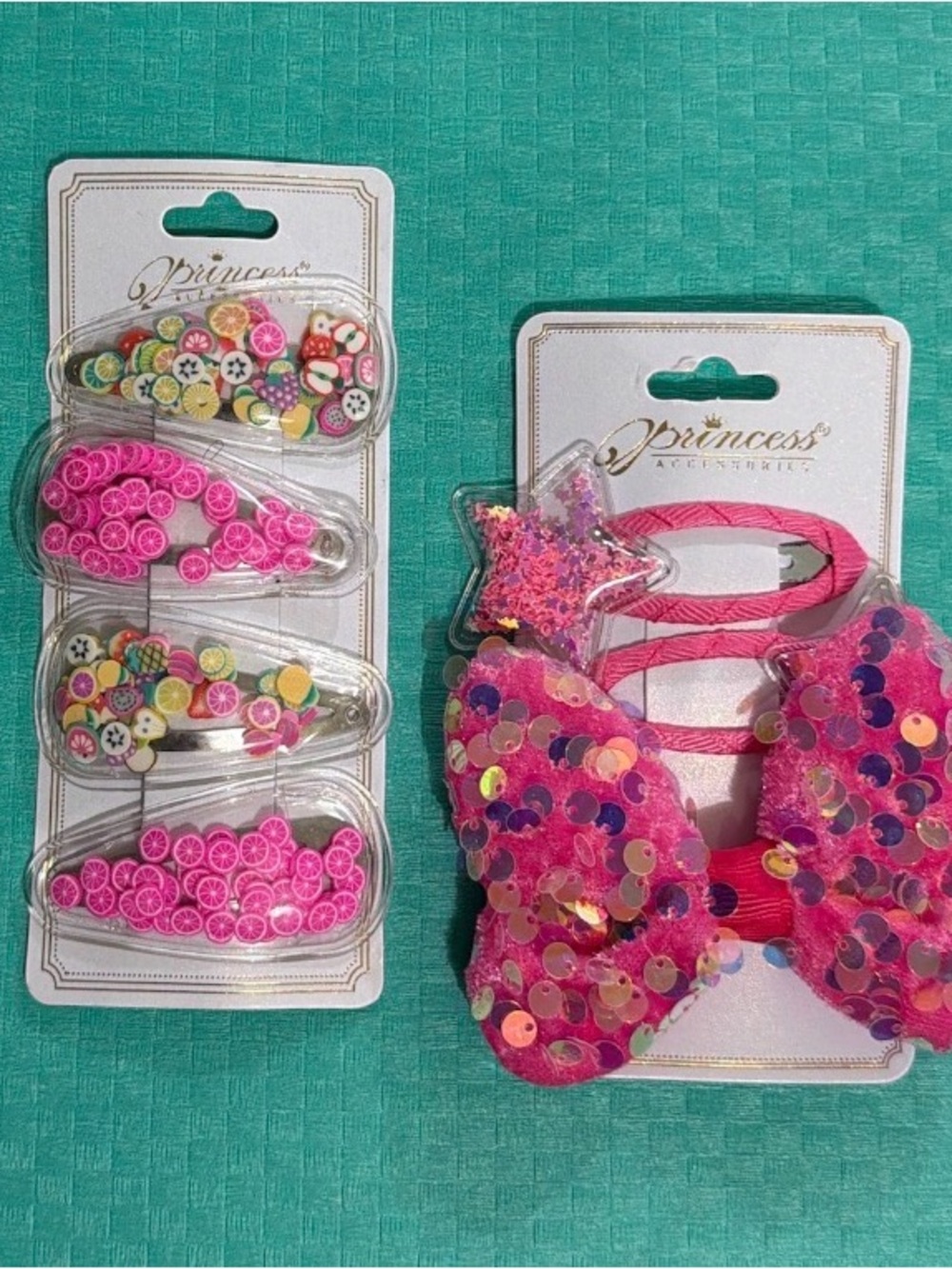 Princess Kids Pink Sequin Bow & Fruit Snap Clip Set